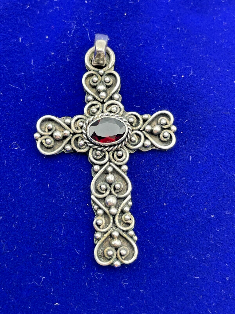 Vintage Gothic Hearts Sterling Silver Cross Pendant Faceted Red Garnet Gemstone
